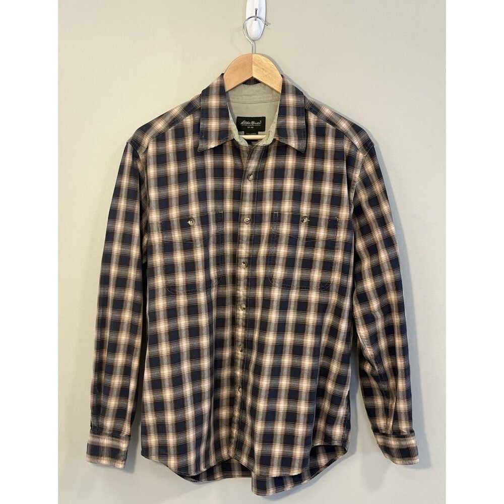 Eddie Bauer Button Up Plaid Men’s Shirt Sz M Brown‎ Tan Blue